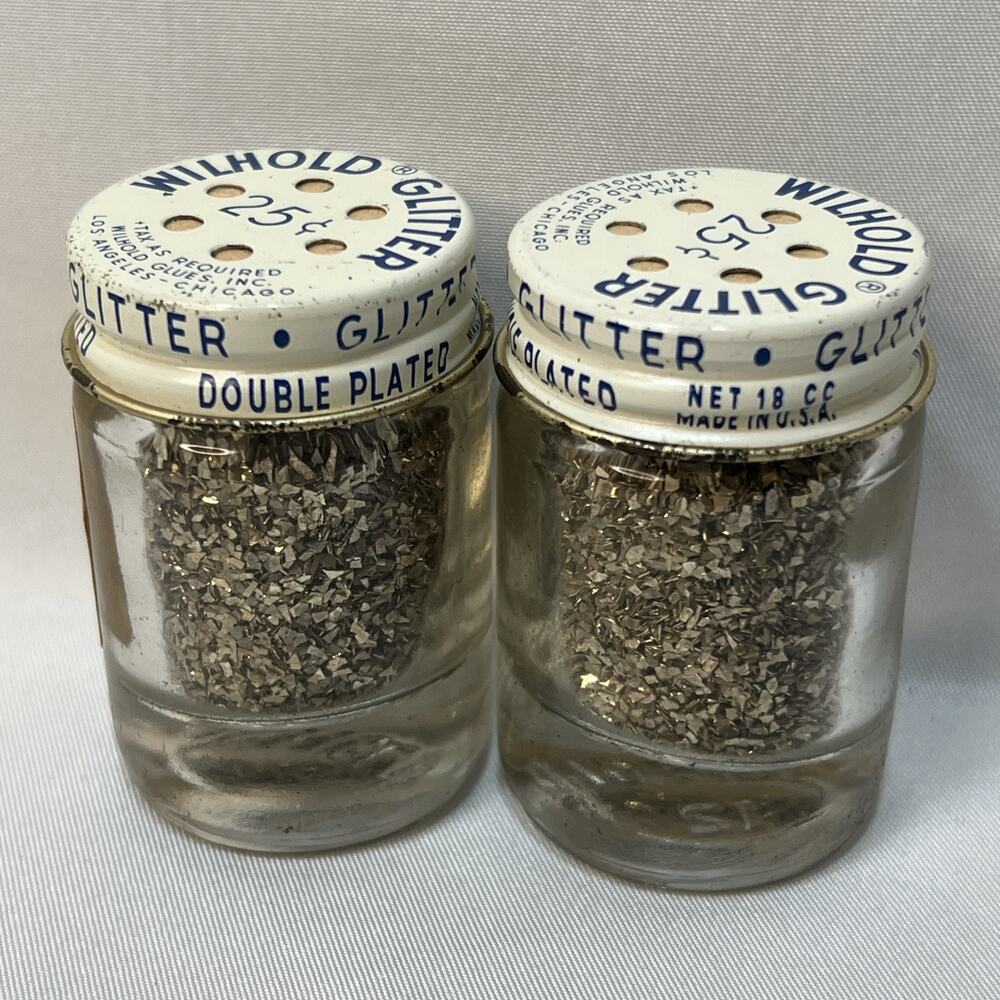 Vintage WILHOLD Light Gold GLITTER 2” Glass Shaker Bottle Lot of 2 Made USA FULL